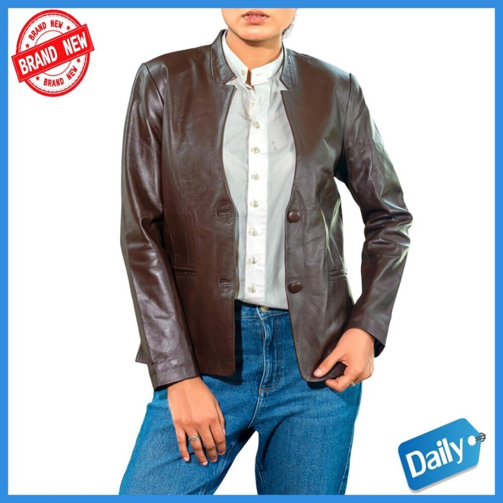 Slim Fit Leather Blazer with Mandarin Collar, Invisible Stitching